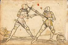 Фехтование на полуторных мечах в доспехах, Кодекс Валлерштайн, справа техника Мордхау - хват меча за клинок