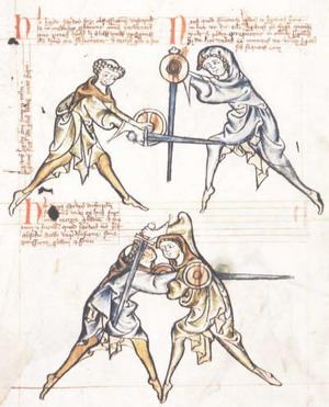 Манускрипт MS I 33, датированный приблизительно 1290г, показывает фехтование с боевым мечом и баклером.