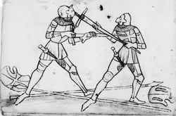 Фехтование на полуторных мечах в пластинчатых доспехах, Codex Wallerstein. Справа - техника "mordhau" - удержание меча наоборот