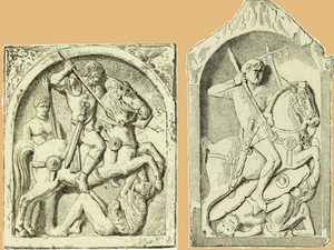 Надгробные плиты римских всадников, похороненных в Германии: вспомогательный отряд, надгробная плита в Майнце; знаменосец турмы, надгробная плита в Вормсах.