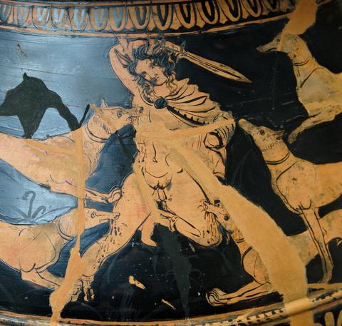 Изображение ксифоса на древнегреческом изображении Актеона, атакованного своими псами. Фрагмент кувшина, 390-380 гг. до н.э.