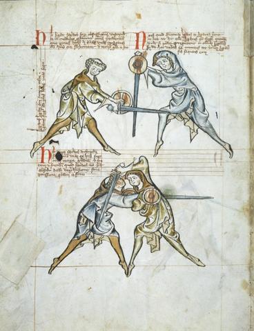 Сцена из фехтбуха, на которой показан бой с мечами и баклерами