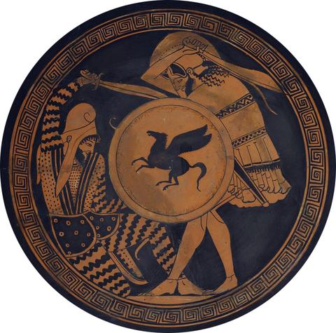 Греческий гоплит (стоящий) использует копис против персидского воина. Изображение с амфоры, 5 в. до н.э., Национальный Археологический Музей в Афинах