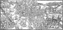Срубание (либо раздвигание) пик в сражении. Гравюра из издания хроники Йохана Штумпфа, 1548 год