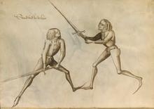 Фехтование на полуторных мечах без доспехов. Иллюстрация из фехтбуха Ханса Тальхоффера 1467г.