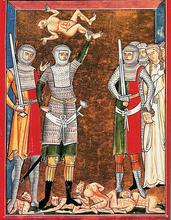 Солдаты в кольчугах с мечами, немецкая миниатюра из "Избиения младенцев" 1250 гг.