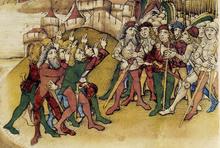 Сцена клятвы в верности вассала феодалу, из хроник Spiezer (1480 гг). Несколько мужчин с обеих сторон имеют на поясе дегены конца 15 века.
