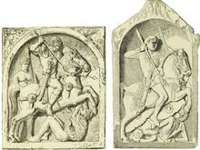 Надгробные плиты римских всадников, похороненных в Германии: вспомогательный отряд, надгробная плита в Майнце; знаменосец турмы, надгробная плита в Вормсах.
