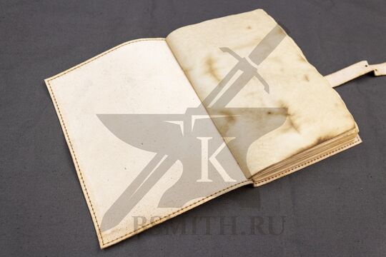 Тетрадь для записей с кожаной обложкой, состаренная, цвет темно-коричневый, раскрытая на первой странице