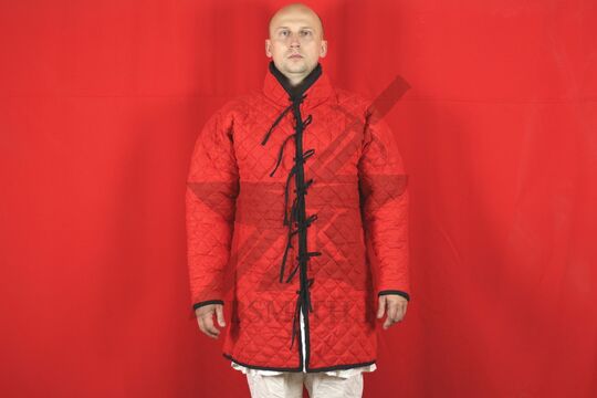 Стеганая куртка длинная красная, ромб, 2 слоя, лен