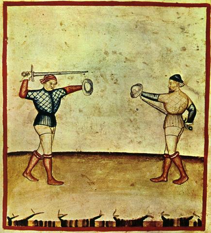 Бой с мечом и баклером, изображение из "Tacuinum Sanitatis", средневекового трактата, Ломбардия, 1390гг